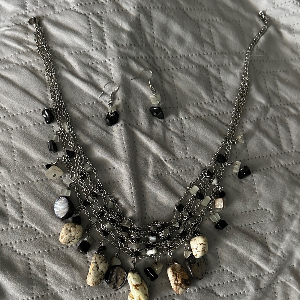 Black and Cream Multi-Strand Stone Necklace with Earrings